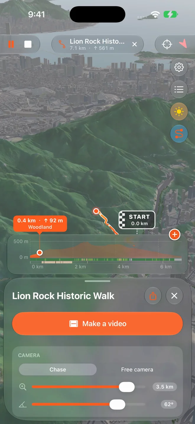 Previewing a route in Peakline before making a film